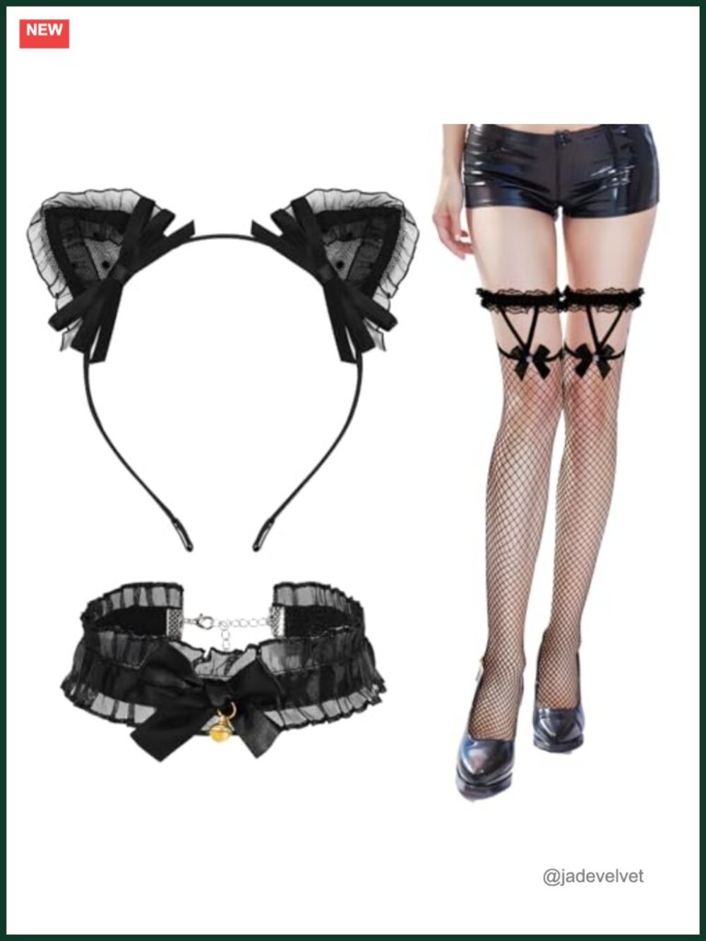 Cat Costume Accessory Set 3 Pieces Ears Headband Choker Fishnet Stockings